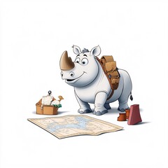 Happy Rhinoceros Exploring Jungle with a Map