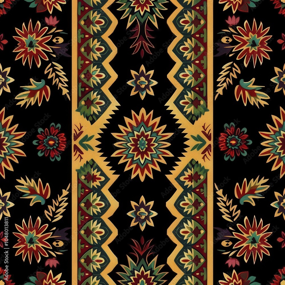 Poster the design showcases a lively floral pattern with detailed motifs on a rich black backdrop, ideal fo
