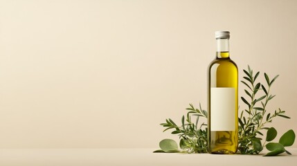 Olive oil bottle with fresh herbs on a neutral background