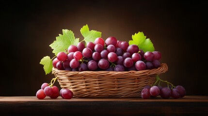 Freshly harvested red grapes in a woven basket