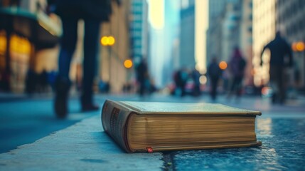 A Close-Up of an Old Book on a Sidewalk in a Busy City