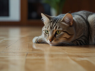 A cat sits against a plain background