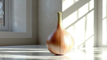 A light brown onion sits on a light surface, next to a window.