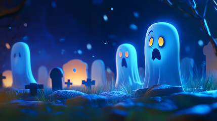 haunting 3d cartoon graveyard with ghostly apparitions for halloween. Ghostly Apparition. Illustration
