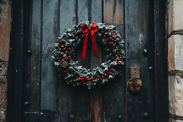 Traditional Winter Solstice Wreath Decor on Wood Door