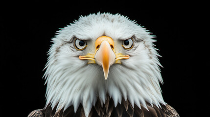 Fototapeta premium A close-up portrait of a majestic bald eagle with intense eyes, captured against a black background. 