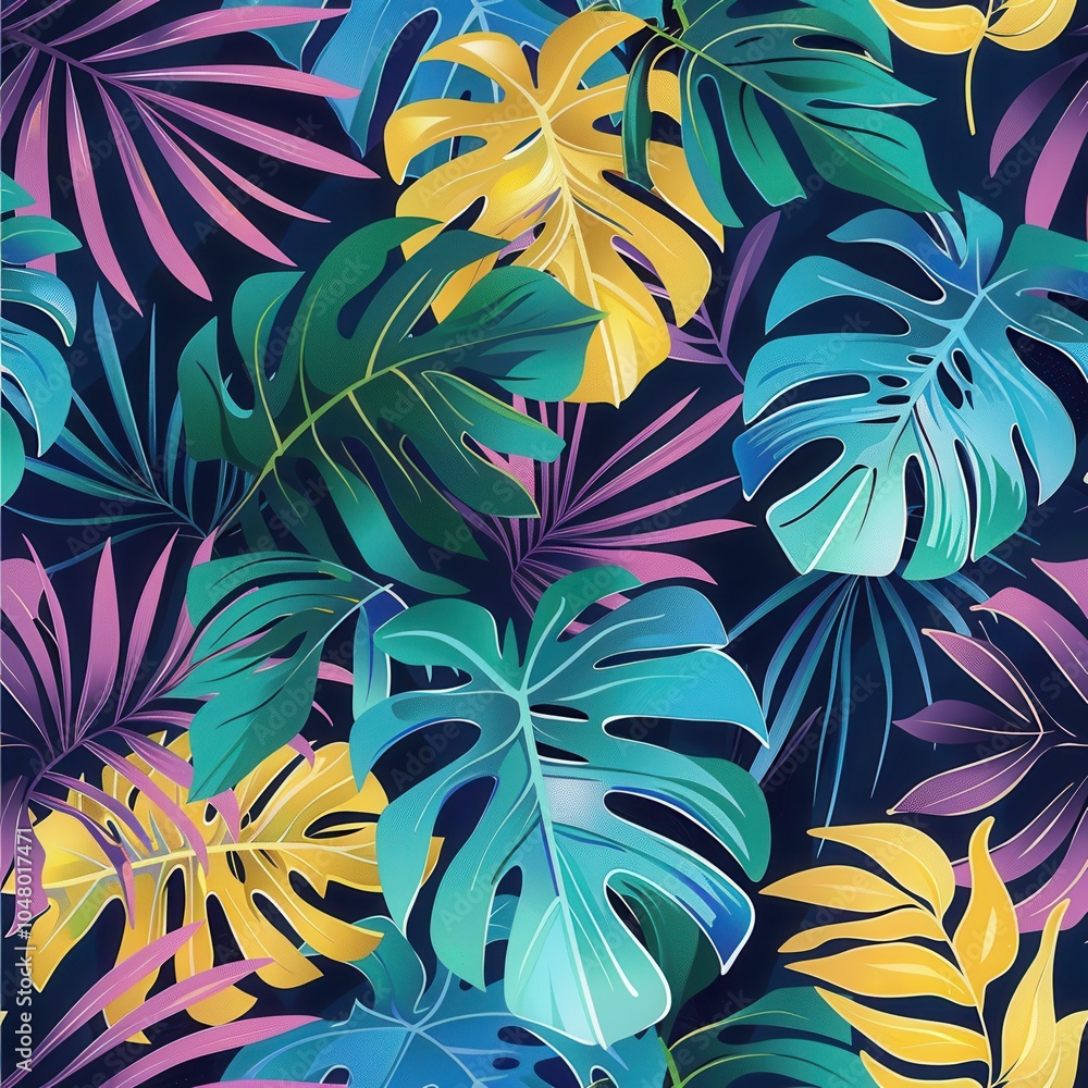 Poster colorful tropical leaves in various shapes create a lively pattern, perfect for backgrounds or artis