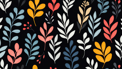 A vibrant floral pattern featuring various colorful leaves and blossoms against a dark background, perfect for fabric or wallpaper design.