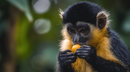Fototapeta premium Curious Monkey with Fruit in Natural Habitat