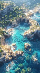 Aerial view of a stunning coastal landscape featuring turquoise waters and rocky formations, bathed in soft sunlight, creating a serene and tranquil atmosphere.