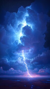 A breathtaking display of nature's power with dramatic dark clouds illuminated by a brilliant flash of lightning, creating an ethereal atmosphere over a distant horizon.