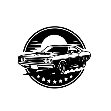 recommend clip art: Vintage American muscle car vector illustration isolated on white background. Classic Muscle Car Vector Illustration in Bold Black Silhouette, Perfect for Retro Automotive Designs and Logos.