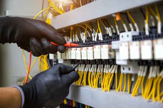 Electrical technician checking circuit breaker power electricity on switchboard cabinet for service maintenance and electric cable wiring check for safety concepts.
