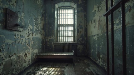 Fototapeta premium A Single, Barred Window Illuminates a Dilapidated Prison Cell