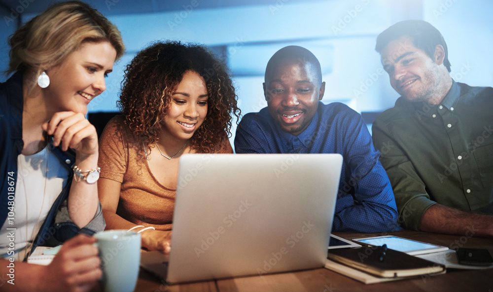 Poster office, reading and business people with meeting by laptop for server, testing and launch plan. it d