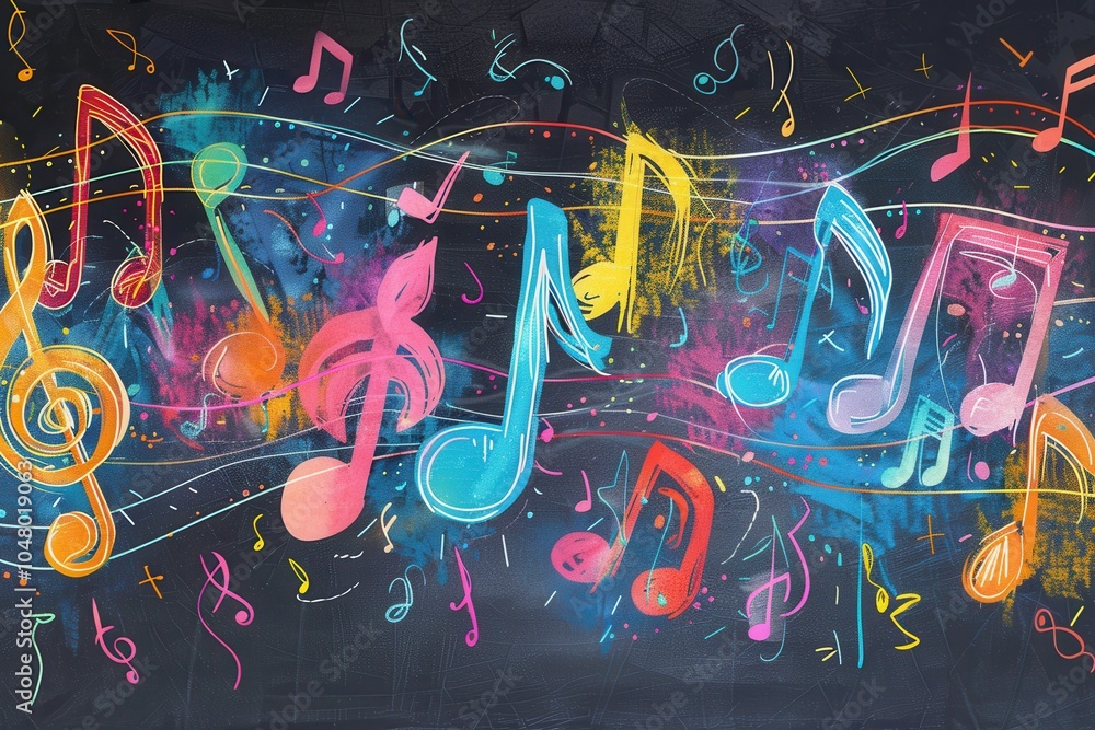 Poster a vibrant chalkboard display showcases colorful brushstrokes intermingled with musical notes and sym