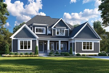 an elegant home with dark gray and white exterior paint colors, a large front yard, blue sky, green grass, and a silver car parked on the driveway