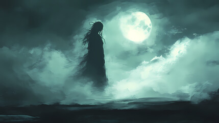 A ghostly apparition of a woman shrouded in a cloudy ectoplasmic mist hovering in the moonlight. Ghostly Apparition. Illustration