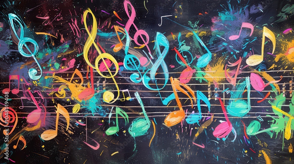 Poster a vibrant chalkboard displays an artistic blend of colorful brushstrokes and musical notes, showcasi