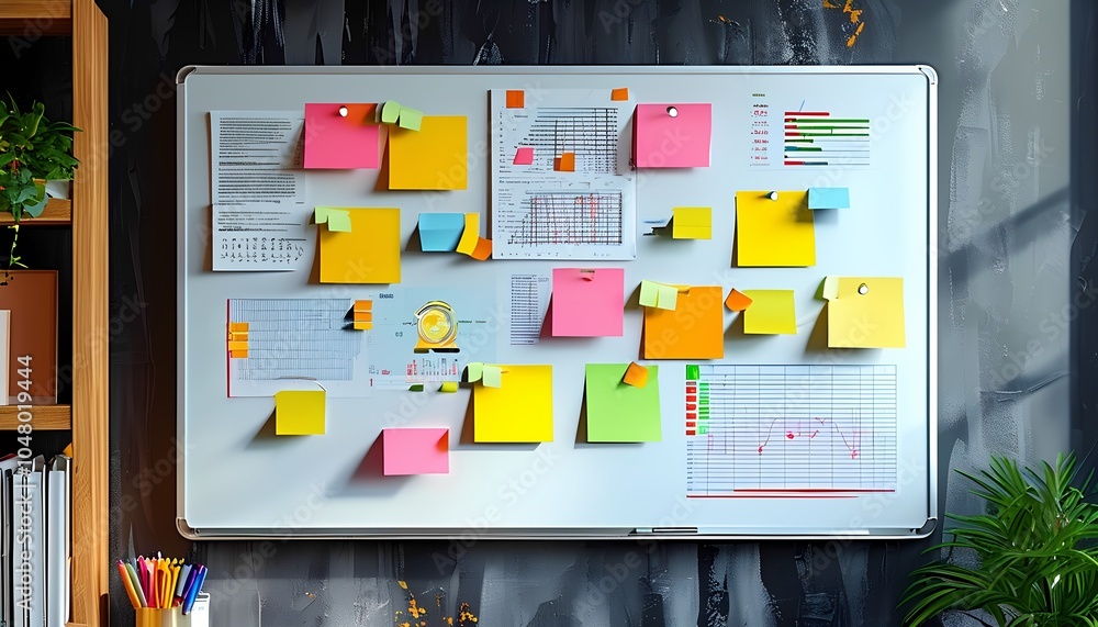 Aufkleber creative workspace with colorful sticky notes and charts for collaborative brainstorming and project