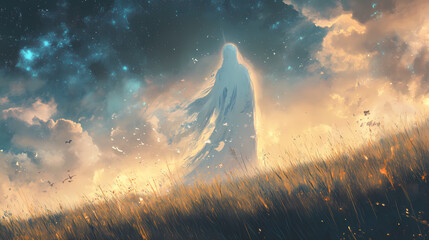 A ghostly apparition seen only at dawn, fading as the sunlight touches the earth. Ghostly Apparition. Illustration