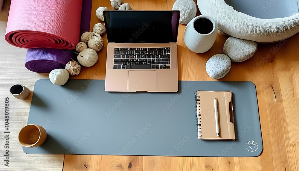 Poster a modern workspace setup featuring a laptop notepad and minimalistic decor for enhanced productivity