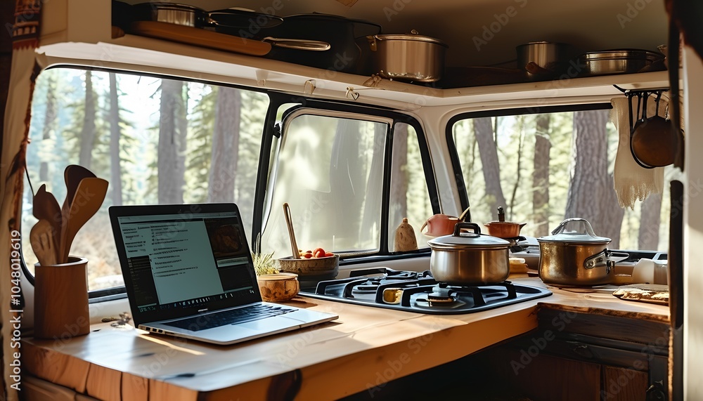 Poster exploring the harmony of nature and productivity a cozy workspace in a camper amidst serene forest b
