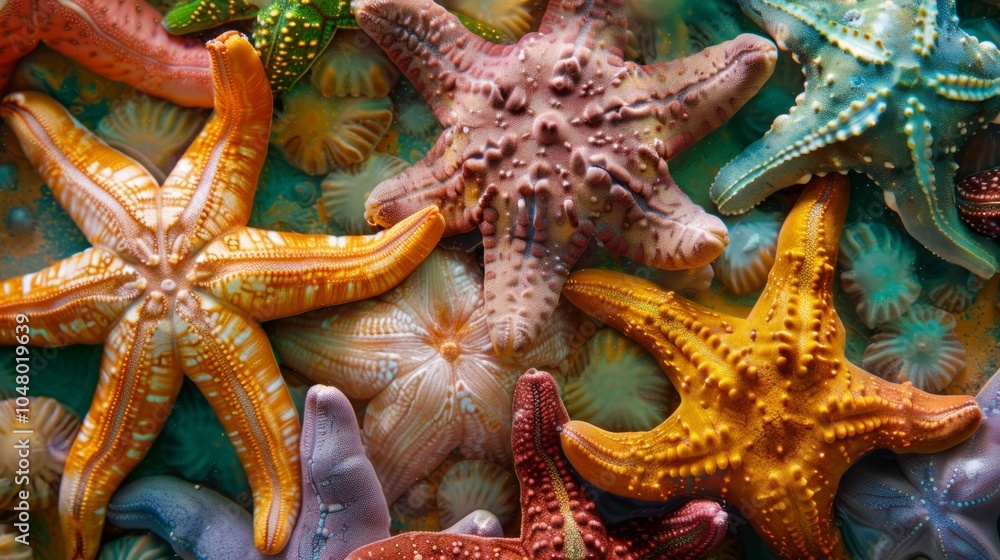 Poster a colorful group of starfish clinging to the side of a tank showcasing their unique textures and pat