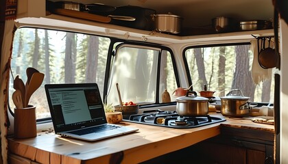 Exploring the harmony of nature and productivity a cozy workspace in a camper amidst serene forest backdrops