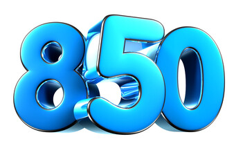 Blue number 850 3d illustration sign on white background have work path. Advertising signs. Product design. Product sales