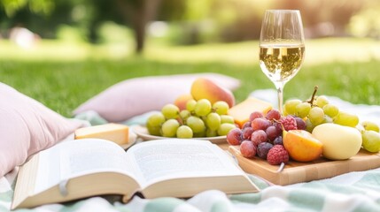 A picnic blanket and pillow, with wooden board and many food like grape fruits, cheese, apple and wine glass on it, an open book beside it, against green grass field background