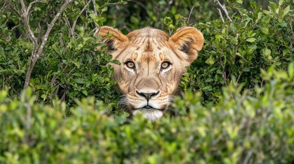 Obraz premium Majestic Lioness Peering Through Lush Greenery