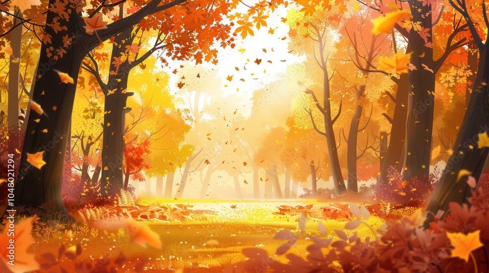 Poster A serene forest displays an array of vivid autumn colors as bright leaves gracefully fall from the trees in golden light. Generative AI