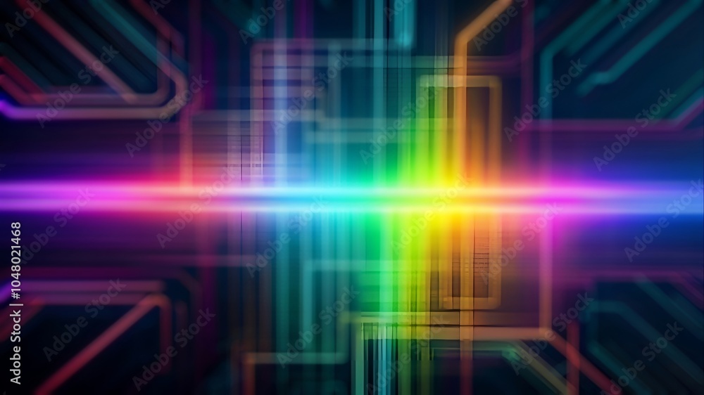 Poster abstract neon lines forming a glowing multicolored grid on a dark background.