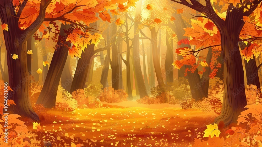 Aufkleber The forest showcases brilliant fall foliage as sunlight filters through trees, creating a tranquil atmosphere in the golden landscape. Generative AI