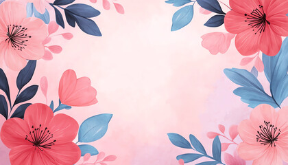 Obraz premium Beautiful floral border design with vibrant pink and blue flowers on a soft pastel background, perfect for invitations and greeting cards.