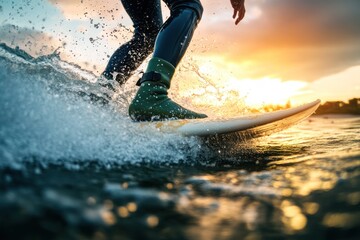 Surfer Catching a Wave at Sunset