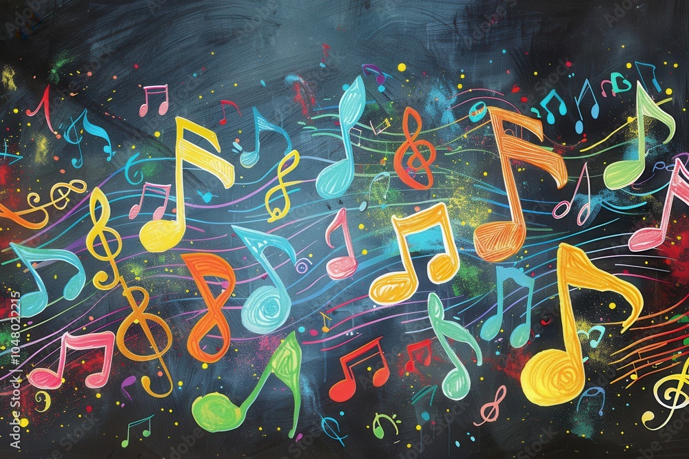 Poster bright brushstrokes and musical notes come together on a chalkboard, creating an artful display that