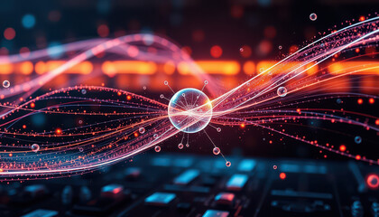 Quantum physics concept with particles and waves interacting in a high-tech setting