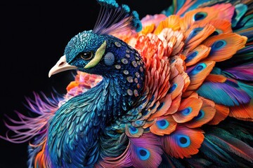 Obraz premium A colorful peacock with beautiful, vibrant feathers against a colorful background