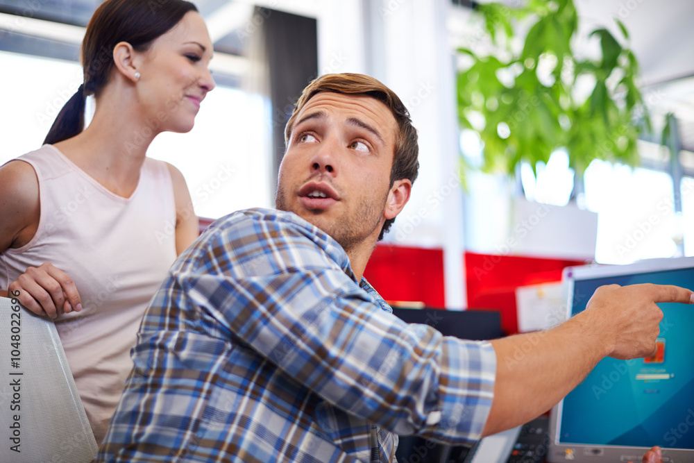 Aufkleber Business, people or man with pointing to computer in office for system update, internet glitch or software problem. Web developer, team or person with pc at desk for programming development or coding