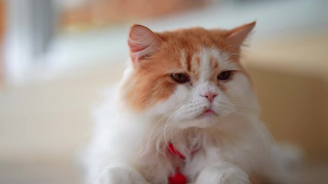 In a warm home with lots of natural light A white Persian cat with orange stripes sat in the living room and looked tame all alone. His demeanor looked lonely. It's waiting for its owner.