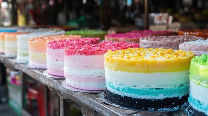 Colorful Layered Cakes at a Bakery Stall