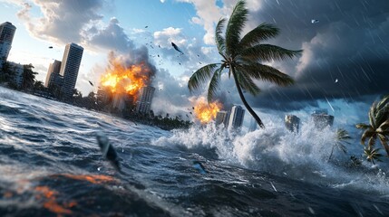 Storm Devastation in Coastal City Scene