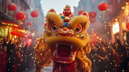 Colorful lion dance performers moving energetically through festive streets