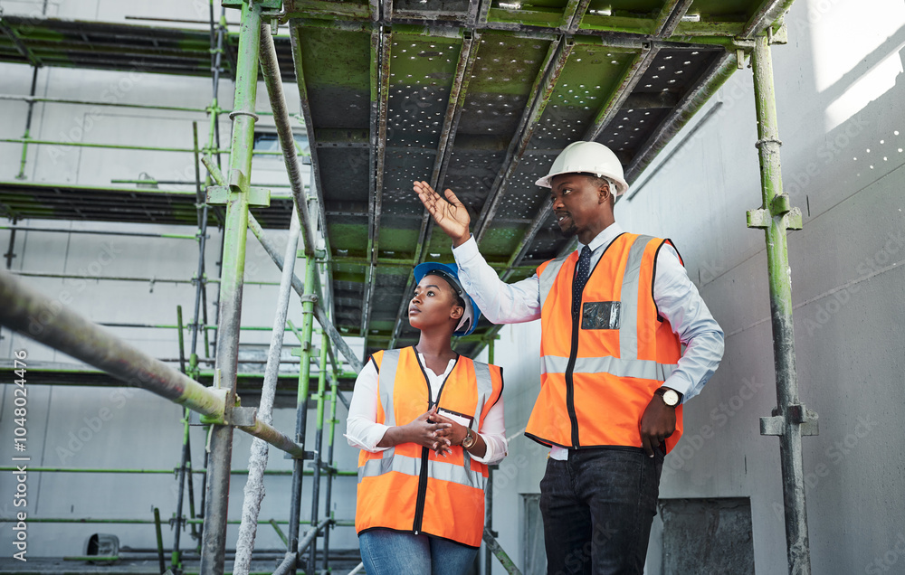 Poster team, construction site and people with building check and engineering for scaffolding and handyman 