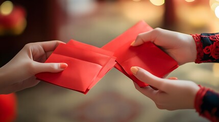Close-up of hands exchanging red envelopes symbolizing good fortune