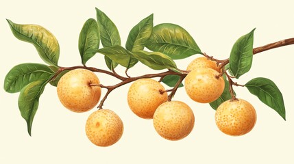 A beautiful branch adorned with ripe yellow fruits and lush green leaves, showcasing a vibrant natural scene.