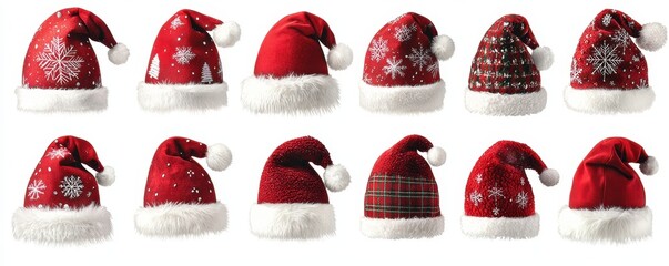A collection of Santa hats featuring various designs, including snowflakes, plaid patterns, and classic red styles with white fur trim and pom-poms.