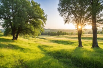 Fototapeta premium Golden Hour Sunlight Through Trees in Green Meadow Landscape